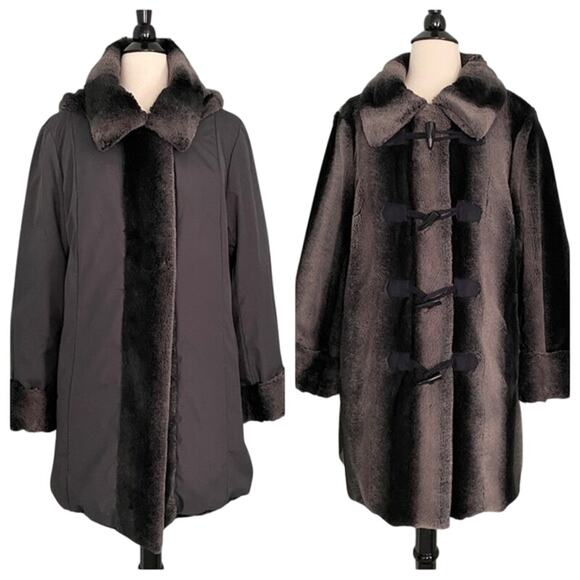 Dennis by Dennis Basso Reversible Faux Fur Hooded Coat Gray Black Large - Picture 1 of 11